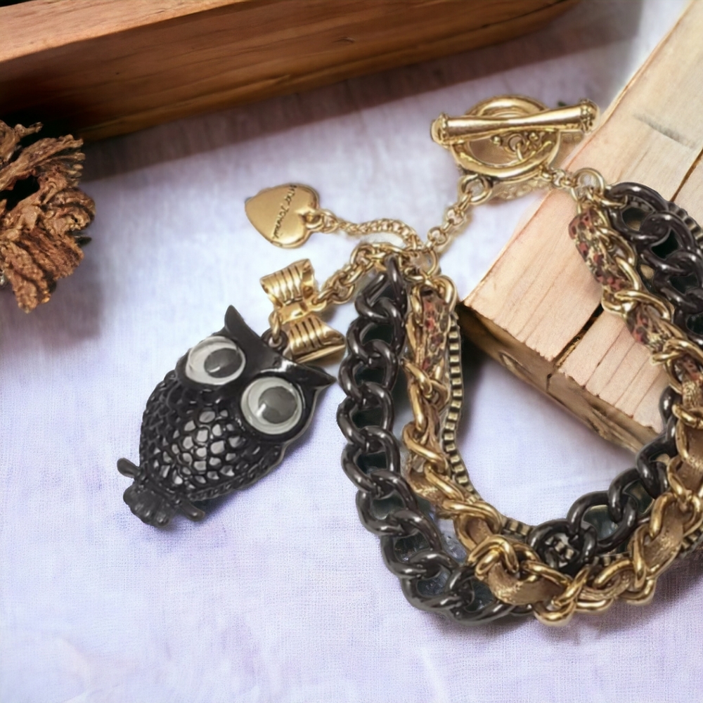 Betsey Johnson Black Statement Owl Multi Chain Toggle Bracelet